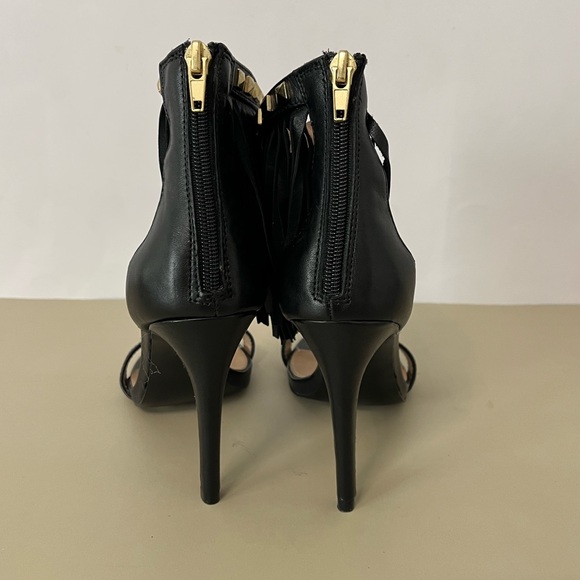 Steve Madden "Sioux" black leather studded fringe ankle strap heel sandals - Picture 5 of 9
